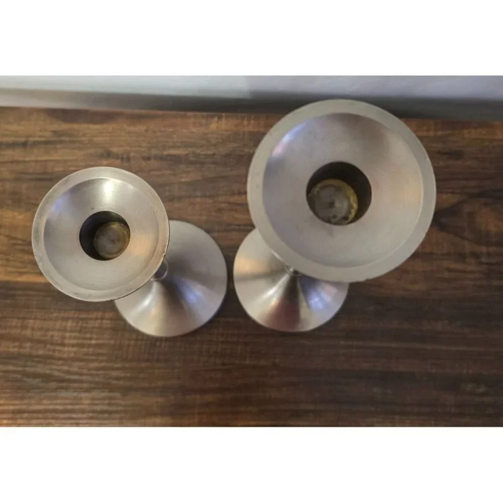 Set Of 2 Brushed Silver Metal Candle Holders Made In India, 9" and 12" Tall - Picture 7 of 9